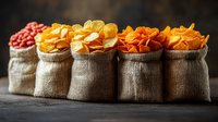 Colorful dried fruit chips and berries in rustic burlap bags arranged in row on dark background, selective focus. Food photography for healthy snacks.