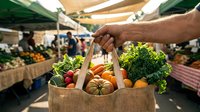 Farmer's hand holding paper bag filled with fresh organic vegetables and produce at outdoor market or farmers market stand.