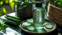 Fresh cucumber water with sliced ingredients on ceramic plate, sparkling beverage in reusable bottle against green natural background, healthy detox drink.