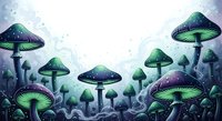 Bioluminescent mushrooms glowing with green and purple light in a mystical forest environment, suitable for fantasy artwork and digital design projects.