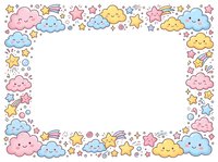 Cute kawaii frame with smiling clouds, stars and rainbows in pastel colors. Childish border design for baby shower, nursery decor and kids projects.