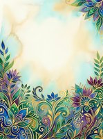 Watercolor floral border frame with ornamental leaves and decorative swirls in purple, blue, and gold tones on cream background, isolated for invitations and design projects.