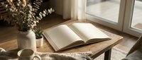 Cozy reading corner with open book on wooden table by sunny window, perfect for relaxation and study moments at home.