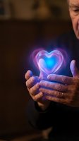 Senior man holding glowing neon heart symbol in cupped hands representing love, care and compassion in warm indoor setting for healthcare concepts.