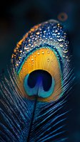 Macro shot of peacock feather with water drops against dark background, showing vibrant blue, gold and turquoise colors in detailed texture pattern.