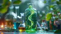 Glowing DNA helix structure in laboratory glass bottle with scientific equipment and green bokeh background, genetic research concept in biotechnology lab.