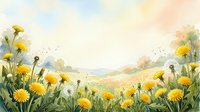 Watercolor dandelion field with yellow blooms and fluffy seed heads under a soft pastel sky, copy space for spring nature designs.