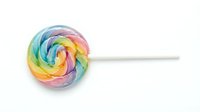 Colorful spiral lollipop with rainbow swirl pattern isolated on white background, suitable for candy, confectionery, and dessert design projects.