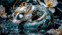 Mystical dragon brooch with turquoise and pearl details on dark reflective surface. Intricate metalwork features oriental-inspired design in silver and blue tones.