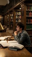 Young Caucasian male student studying in classic university library with wooden shelves and vintage lamp for academic research and education concepts.