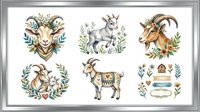 Goat head and full body illustrations with floral wreaths and decorative elements, isolated on white background for clipart, t-shirt design, and craft projects.