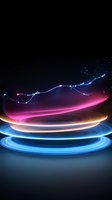 Glowing neon light trails form circular platforms with floating constellation line against dark background, creating futuristic abstract composition in blue and pink colors.