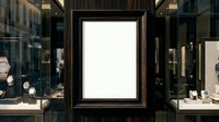 Empty black wooden frame with white mat displayed in luxury jewelry store window with elegant display cases and lighting.