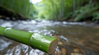 Fresh cut bamboo stalk in foreground with blurred forest stream background creates zen atmosphere for wellness, spa, and meditation concepts.
