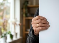 Senior man with weathered hands wearing dark sweater peeking around white wall corner indoors, expressing curiosity or caution in home environment.