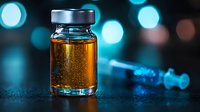 Medical vial with amber liquid and syringe on dark background with blue bokeh lights, dramatic healthcare concept for vaccination and medicine.