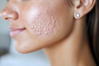 Close up view of facial skin with visible acne, pores and blemishes on cheek area showing natural skin texture and imperfections in dermatology context.