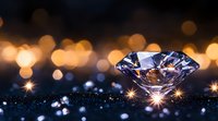 Sparkling diamond on dark surface with golden bokeh lights creating magical atmosphere. Luxury jewelry concept with glowing reflections and sparkles.