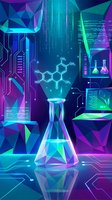 Futuristic laboratory with geometric flask containing molecular structure in neon blue and purple digital environment with circuit patterns and data streams.