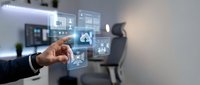 Businessman touching holographic interface with digital icons in modern office environment showcasing futuristic technology and data visualization concepts.
