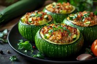 Round zucchini stuffed with seasoned meat and vegetables, topped with fresh herbs and spices on dark plate, close up view of homemade healthy dinner.