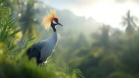 Majestic grey crowned crane standing in lush green foliage during sunrise, soft bokeh background creates dreamy atmosphere. Wildlife photography concept.