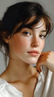 Close-up portrait of young woman with freckles and natural makeup, hand thoughtfully placed near chin against neutral background for beauty and skincare advertising.
