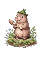 Cute mole character holding shovel with leaf hat, surrounded by flowers and plants on isolated white background, ready for children's book illustrations and merchandise design.