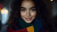 Young woman with long dark wavy hair and warm brown eyes wearing a colorful striped knit scarf in blue, red, and gold tones. Soft evening lighting with blurred bokeh background creates intimate atmosphere.