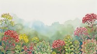 Watercolor botanical garden with colorful succulents and flowering plants in soft pastel tones against misty mountain landscape background for nature designs.