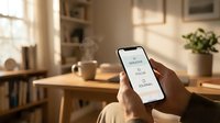Person holding smartphone displaying smart home app interface in modern kitchen with warm natural lighting and wooden furniture for home automation control.