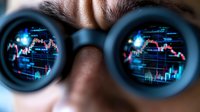 Close-up view of stock market charts and financial data reflected in binocular lenses, showing trading analysis and market monitoring in blue tones.