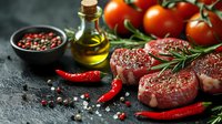 Raw beef tenderloin steaks seasoned with peppercorns and rosemary sprigs, served with fresh tomatoes, chili peppers and olive oil on dark stone surface.
