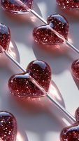 Red glittery heart-shaped lollipops casting soft shadows on light background, romantic candy arrangement for Valentine's Day and sweet celebrations.