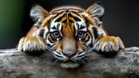 Adorable tiger cub resting paws on wooden log with intense blue eyes and orange striped fur pattern against dark background for wildlife photography.