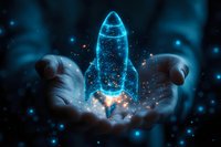 Glowing blue rocket hologram floating above hands with magical sparkles and particles against dark background, symbolizing innovation and startup concept.