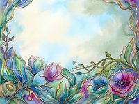 Watercolor floral frame with magnolia and anemone flowers in purple, pink, teal tones on soft blue background with copy space.