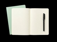 Open grid notebook with black pen and mint green cover, isolated on transparent background. Ready for stationery clipart, t-shirt design, print on demand, and sublimation use.