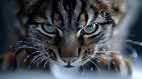Close up portrait of intense blue-eyed tabby cat face with focused predatory gaze, dramatic lighting highlighting whiskers and striped fur markings. Suitable for wildlife and pet themes.