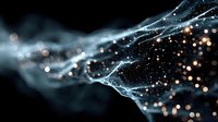 Abstract digital network visualization with glowing particles and flowing light waves against dark background. Perfect for technology and innovation concepts.