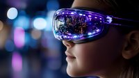 Young Asian woman wearing virtual reality headset with city reflection in lens against blurred night bokeh background, modern technology concept.