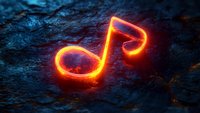 Glowing orange neon musical note symbol on dark textured surface with atmospheric lighting effects for creative design projects and entertainment concepts.