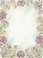 Delicate floral border frame with purple and white flowers on soft watercolor background for wedding invitations, greeting cards and romantic designs.