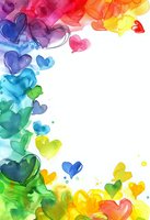 Colorful watercolor hearts in rainbow gradient frame border on white background, romantic artistic design for wedding invitations and valentines cards.