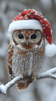 Screech owl wearing red Santa hat perched on snow-covered branch in winter forest setting. Festive holiday wildlife portrait with frost-covered feathers and seasonal decoration for Christmas greeting cards and seasonal marketing.