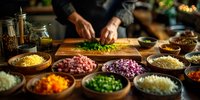 Chef chopping fresh herbs on wooden cutting board with colorful ingredients in wooden bowls arranged on rustic kitchen table for meal preparation.