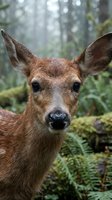 Young deer portrait in natural forest habitat with moss and ferns, wildlife photography showcasing gentle expression and alert ears in woodland environment.