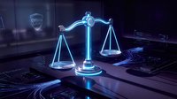Glowing blue holographic scales of justice on futuristic digital interface with circuit patterns for legal technology and cybersecurity concepts.