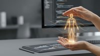 Hands protecting glowing human figure hologram above tablet computer in modern office workspace representing healthcare technology and digital wellness solutions.
