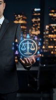 Professional lawyer holding glowing justice scales symbol with client network icons against city skyline background representing legal services and consultation.